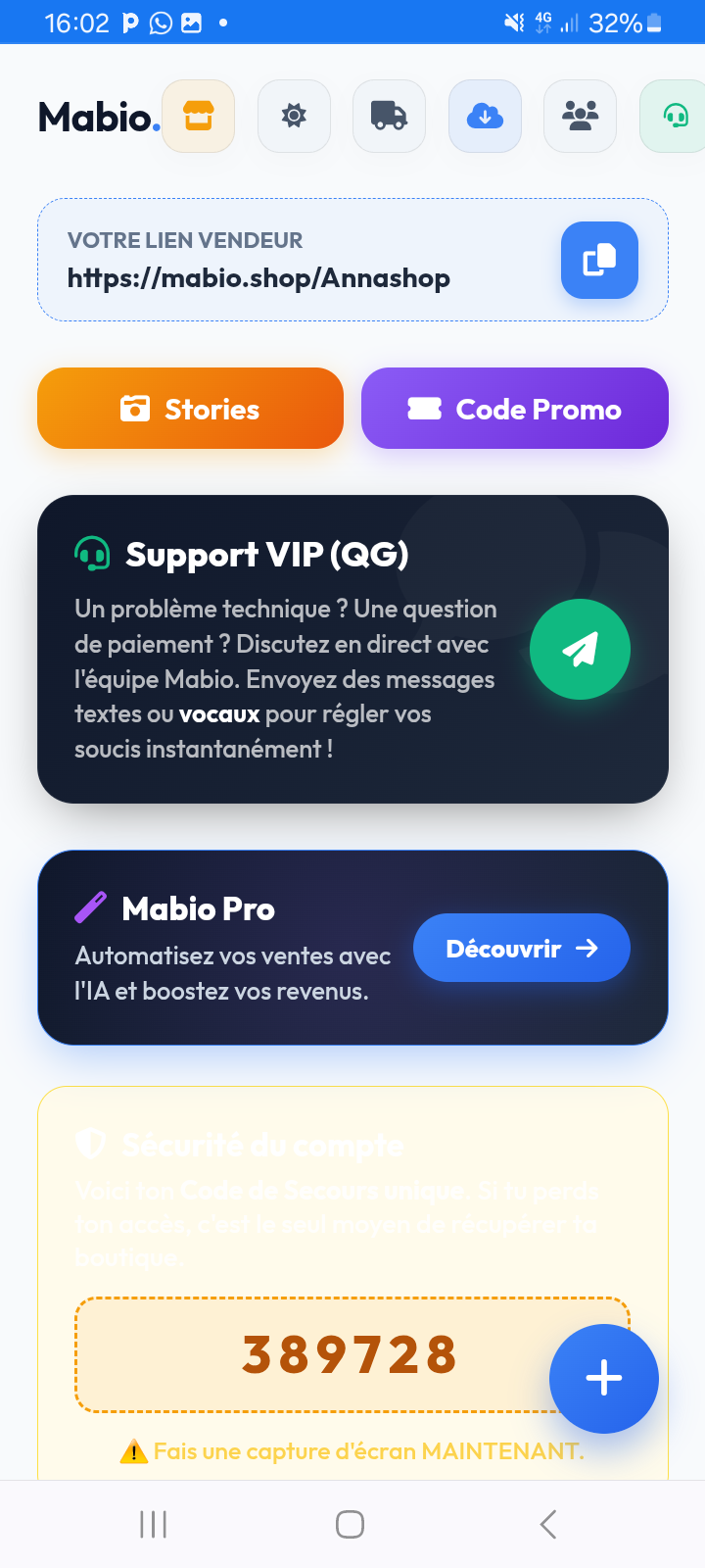 Dashboard gratuit Mabio.shop avec lien vendeur, stories, code promo, support vendeur et accès Mabio Pro