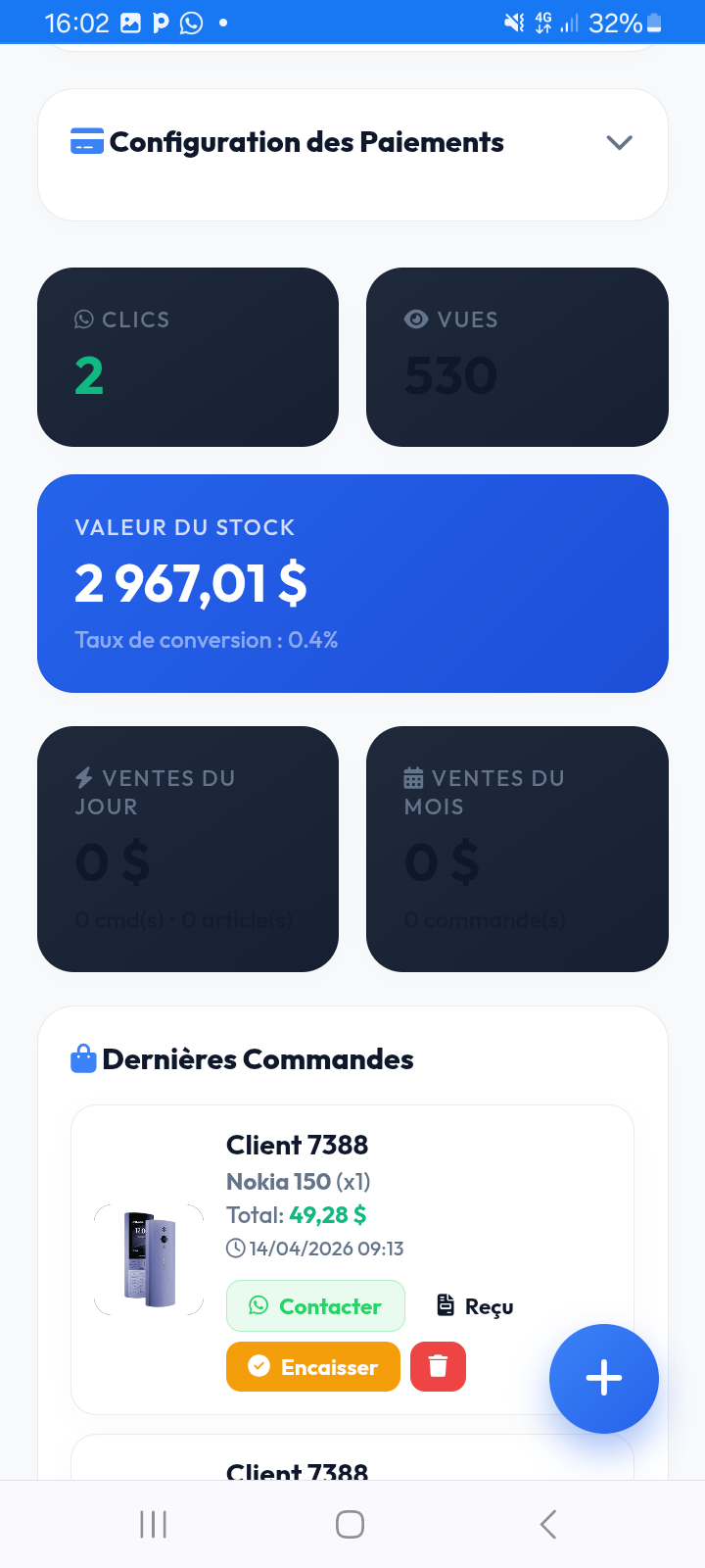 Tableau de bord vendeur Mabio.shop avec statistiques, vues, clics, valeur du stock et commandes